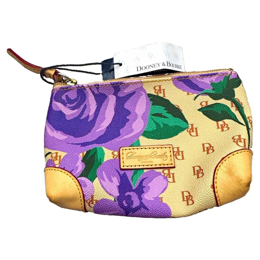 Dooney & Bourke Purple Floral Leather Zip Makeup Bag Cosmetic Pouch